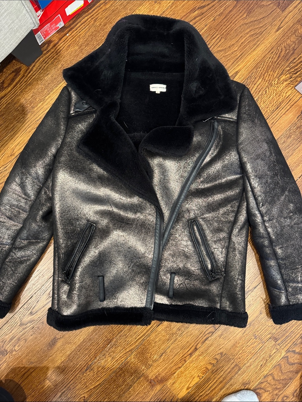 Sunset & Spring black with metallic accents Faux Shearling Moto Jacket - Women